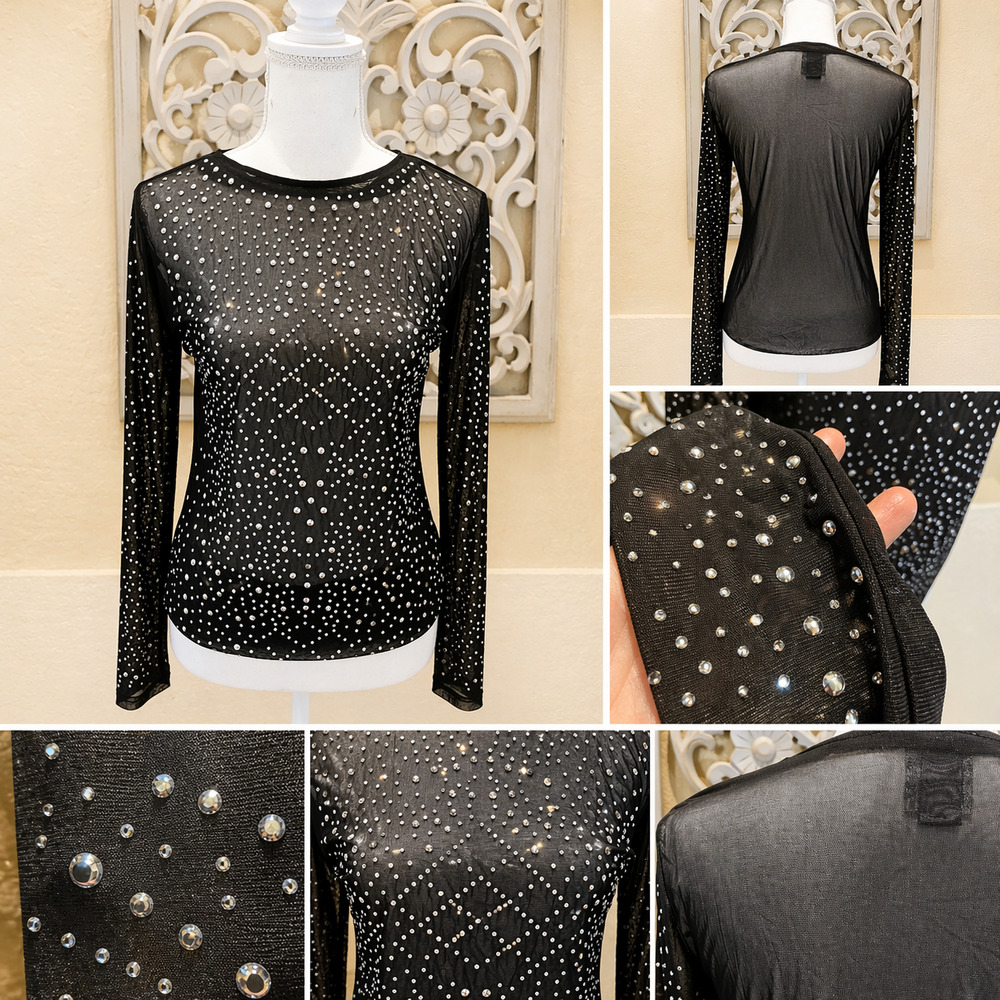 Fashion Of NY Size 1X Black Rhinestone Sheer Mesh Y2K Festival Coachella Top